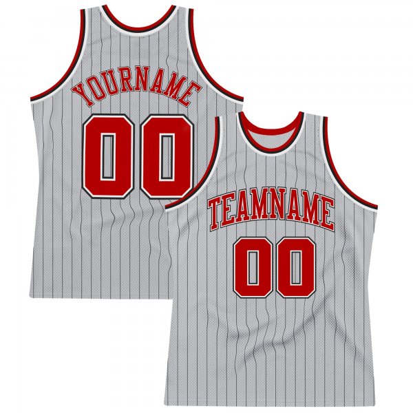 Custom Silver Gray Black Pinstripe Red-White Authentic Basketball Jersey