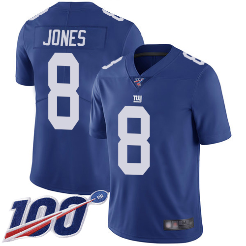 New York Giants #8 Daniel Jones Royal Blue Team Color Youth Stitched NFL 100th Season Vapor Limited Jersey