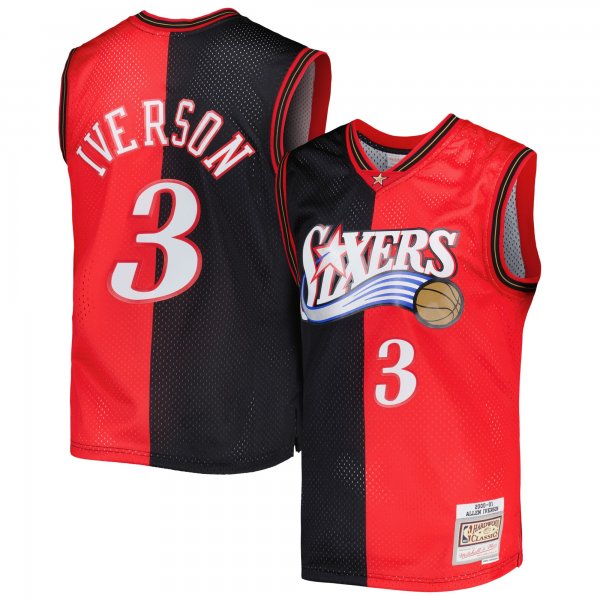 Men's Philadelphia 76ers Allen Iverson Mitchell & Ness Black/Red Hardwood Classics 2000/01 Split Swingman Jersey