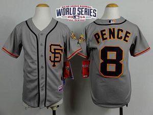 San Francisco Giants #8 Hunter Pence Grey Road 2 Cool Base W/2014 World Series Patch Stitched Youth MLB Jersey