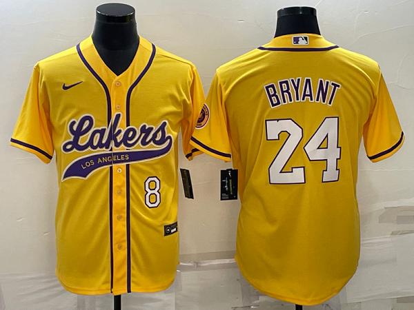 Men's Los Angeles Lakers #24 Kobe Bryant Yellow Baseball Jersey